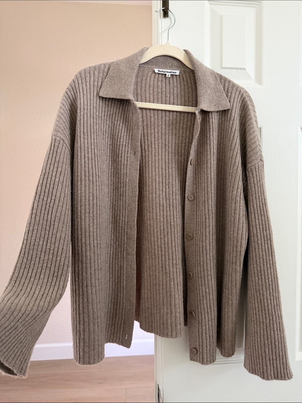 Reformation Taupe Ribbed Button-Up Cardigan